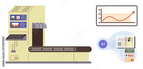 Automated machine with control panel and conveyor scanning for AI-based analysis. Graph shows upward trend. Ideal for manufacturing, analytics, automation, AI tools, workflow, innovation, simple flat
