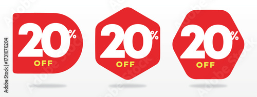 20% off, discount, business, percent, value, sticker, sale, marketing,  price, liquidation, offer, campaign, sign, shopping, promo, design. Vector, icon, set, shape