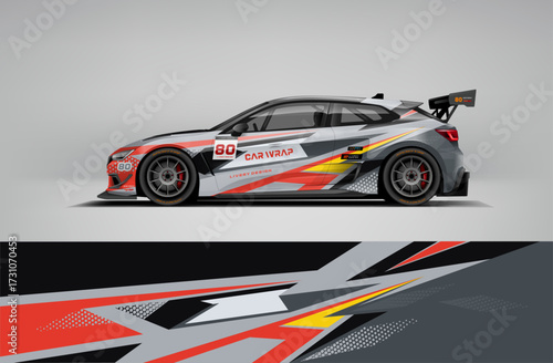 Editable vector EPS car wrap featuring white and red lightning streaks. Bold aggressive motorsport livery for rally, drift, and competition race cars.