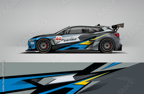 Editable vector EPS car wrap featuring blue and grey lightning streak design. Sleek futuristic motorsport livery suitable for rally, drift, and endurance racing.
