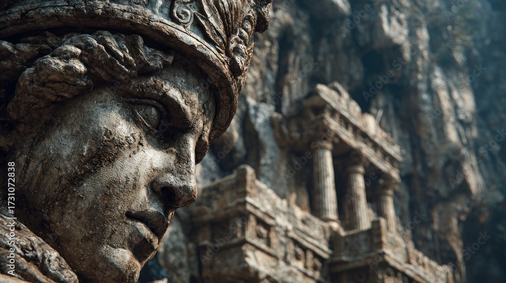 Obraz premium Ancient Guardian Statue Overlooking Crumbling Temple Ruins in a Cliffside