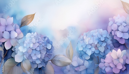 blue hydrangea flowers watercolor background with soft pastel gradient