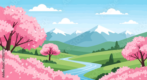 A picturesque spring landscape with blooming cherry blossom trees, rolling green hills, a winding river, and snow-capped mountains under a clear blue sky.