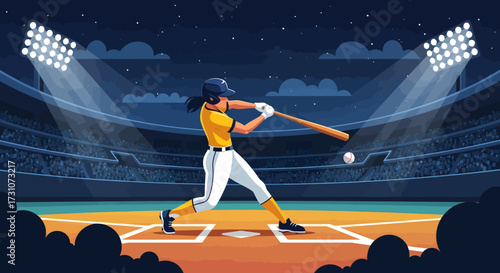 A female baseball player swings the bat, hitting the ball in a stadium under the lights.