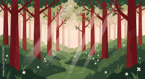 Sunbeams shining through a tranquil, stylized forest with red trees and a winding path.