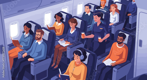 Inside view of a commercial airplane cabin with passengers seated and flight attendant serving.