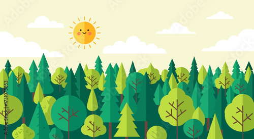 A vibrant, flat illustration of a dense forest under a cheerful, smiling sun and scattered clouds.