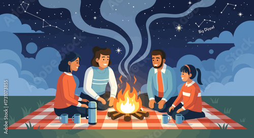 An illustration of a family sitting around a campfire at night, enjoying drinks and stargazing under a sky filled with constellations.