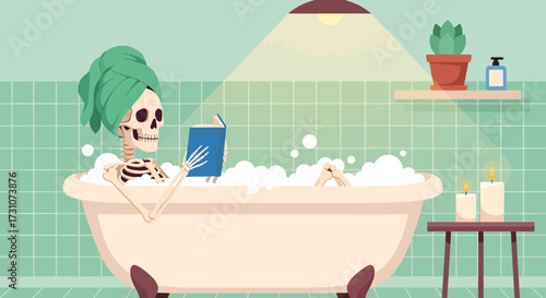 A whimsical illustration of a skeleton enjoying a relaxing bubble bath while reading a book in a cozy bathroom.