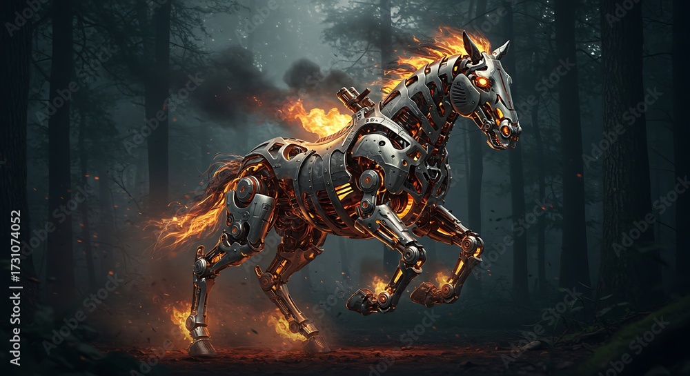 Fototapeta premium Cybernetic horse in forest futuristic creature with glowing flames