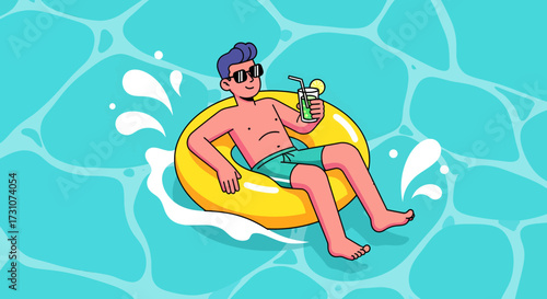 Man relaxing in a yellow inflatable ring in a pool, enjoying a drink on a sunny day.
