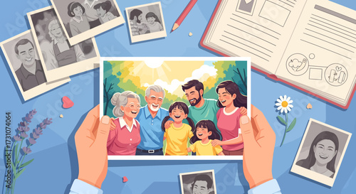 Hands holding a vibrant color photo of a multi-generational family, surrounded by old black and white pictures and a journal on a blue table, symbolizing memories and genealogy.