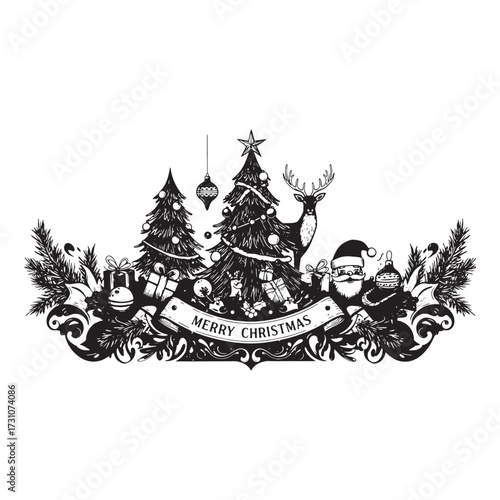 Christmas Scene With Santa Claus Reindeer And Trees Merry Christmas Banner Keywords: Christmas
