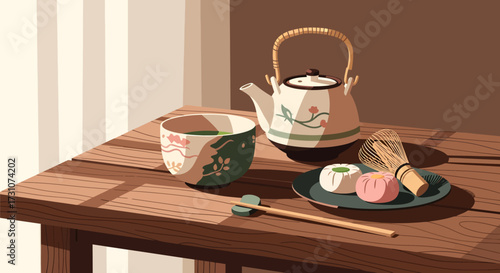 A traditional Japanese tea ceremony set with matcha, wagashi sweets, and a teapot on a sunlit wooden table.