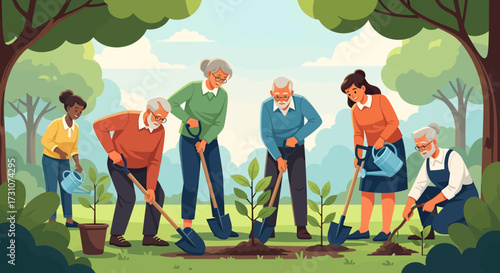 A diverse group of senior citizens actively planting young trees and watering plants in a lush green park setting, demonstrating community environmental effort.