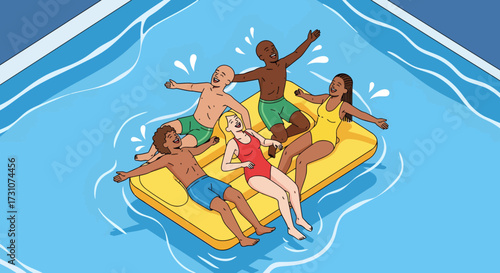 Group of diverse people relaxing and enjoying themselves on a yellow inflatable raft in a swimming pool.