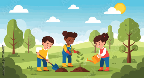 Three children planting a tree together in a sunny outdoor environment, promoting environmental care.