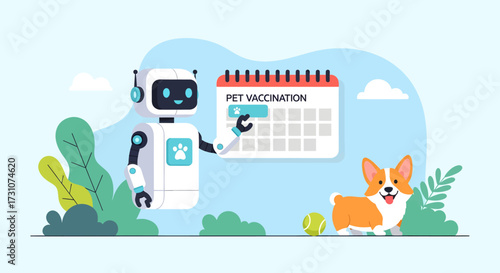 A friendly robot is helping schedule pet vaccinations on a calendar next to a happy corgi dog.