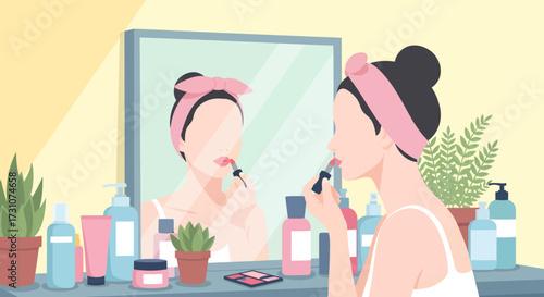 Woman applying lipstick in front of a mirror with beauty products and plants.