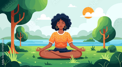 An illustration of a serene Black woman with an afro hairstyle meditating in the lotus position in a peaceful park.