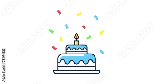 Cheerful Flat Celebration Clip Art of a Birthday Cake Adorned with Confetti Falling..jpeg