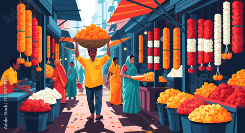 A vibrant Indian market scene with vendors selling colorful flower garlands and fruits, bustling with people.