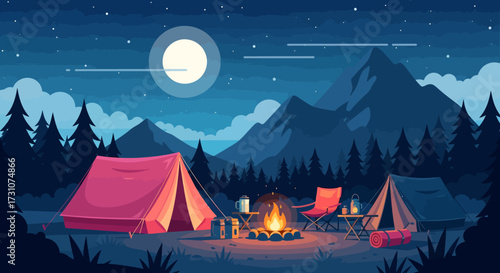 A serene campsite at night with glowing tents and a warm campfire under a starry sky and full moon.