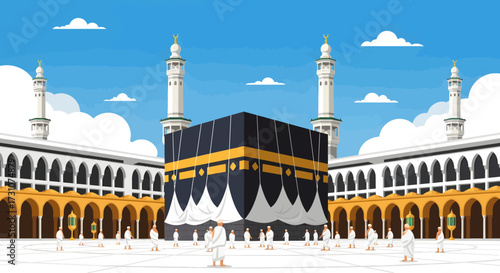 A vibrant illustration of the Kaaba in Mecca, Saudi Arabia, surrounded by white marbled colonnades and minarets under a bright blue sky with fluffy clouds.