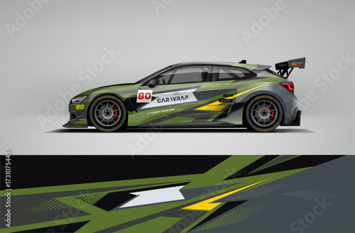 Editable vector EPS car wrap featuring green and black lightning streak graphics. Aggressive motorsport livery suitable for drift, rally, and racing competitions.