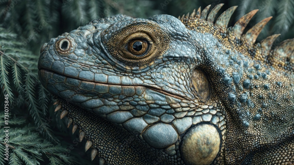 Fototapeta premium Detailed close-up portrait showcasing the textured skin of a Green Iguana