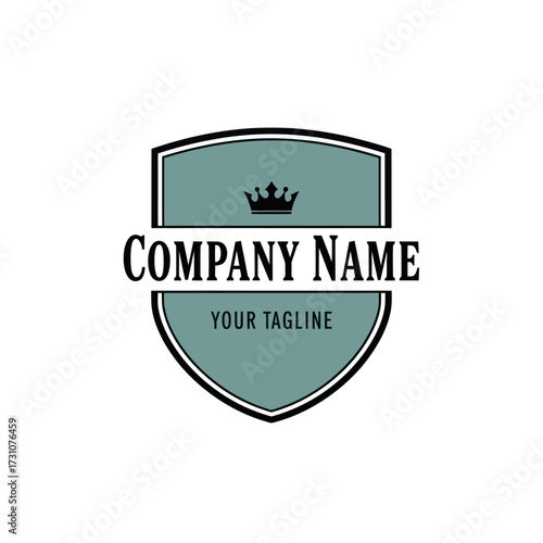Elegant Shield Logo Design with Crown Icon, "Company Name" and "Your Tagline" on Teal Sections, Ideal for Professional Business Branding and Corporate Identity., Flat Vector Elements, Vector