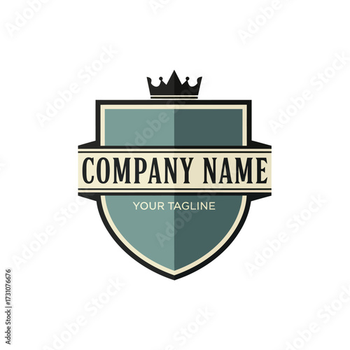 Classic Shield Emblem Logo with Crown and Company Name on White Background, Flat Vector Elements, Vector Illustration, Simple Vector, Stylized Vector Drawing, Vector Template, Clean Vector Style,