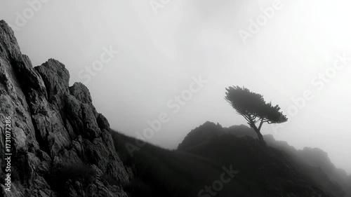 breathtaking coastal cliff in austria shrouded in mist and fog with repeating textures of rocky surface providing