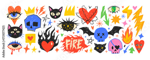 Punk cartoon doodle sticker collection with pencil rough texture. Hand drawn colorful vector tattoo illustrations. Funky black cats, rock'n'roll skulls, mystical eyes and various cute elements.