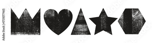 Grunge post stamps set with linocut texture. Crown, star and heart shapes. Handmade letterpress ink roller texture. Highly detailed geometric shapes and forms with rough old vintage effect.