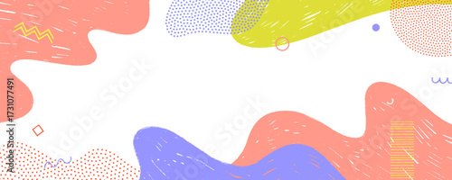 Memphis fluid background frame with colorful crayon drawn fluid shapes and doodles. Wavy abstract forms, dotted funky shapes. Childish Memphis playground design with text place.