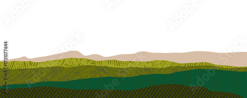 Agriculture field background with collage texture papers. Hand drawn organic pencil texture banner design. Rise, wheat or tee landscape abstract background. Countryside banner with scribble texture.