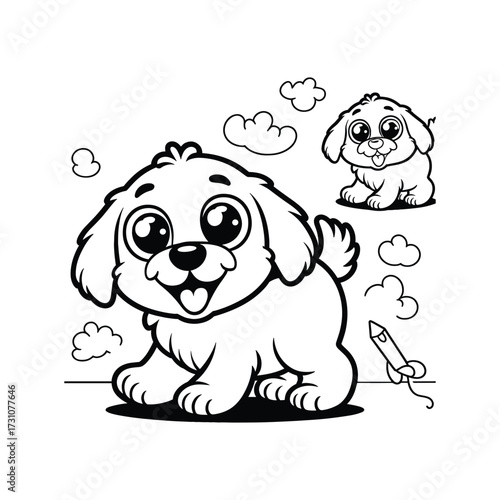 Cute cartoon puppy playing in a sunny landscape scene