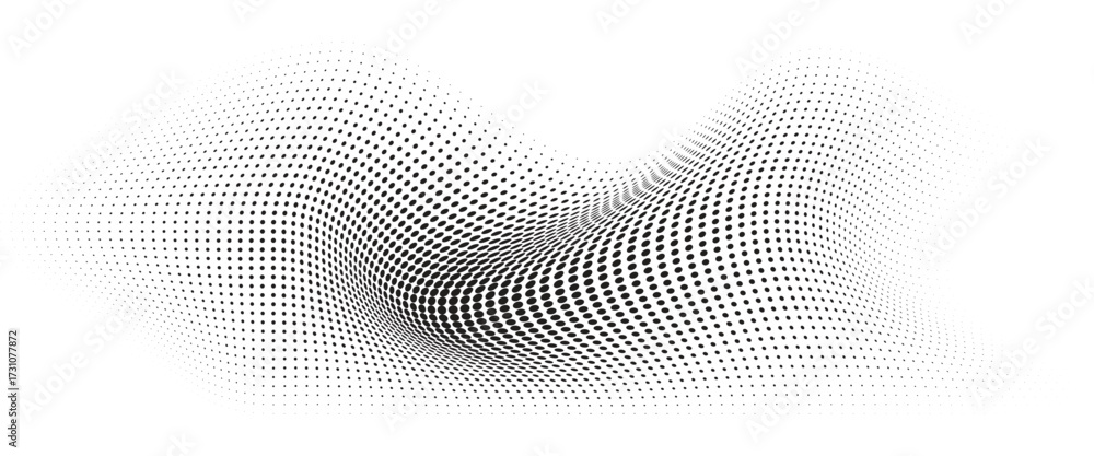 Fototapeta premium Flowing Wave Dot Halftone Pattern: Curve Gradient Shape on Transparent Background. Suitable for AI, Tech, Network, Digital, Science, and Technology Themes.