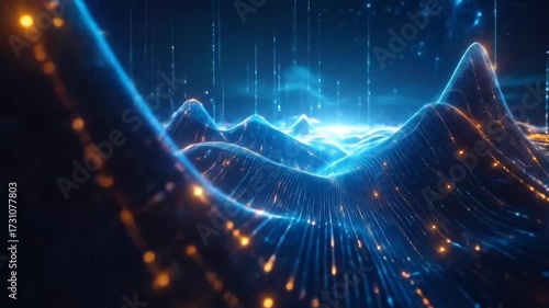 Futuristic Terrain with Glowing Lines and Data Streams Visualizing Complex Systems