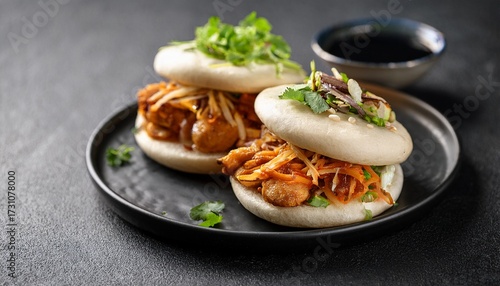 delicious asian bao buns with chicken and sauce served on black plate