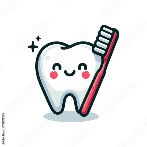 Cute cartoon tooth character with toothbrush smiling happily