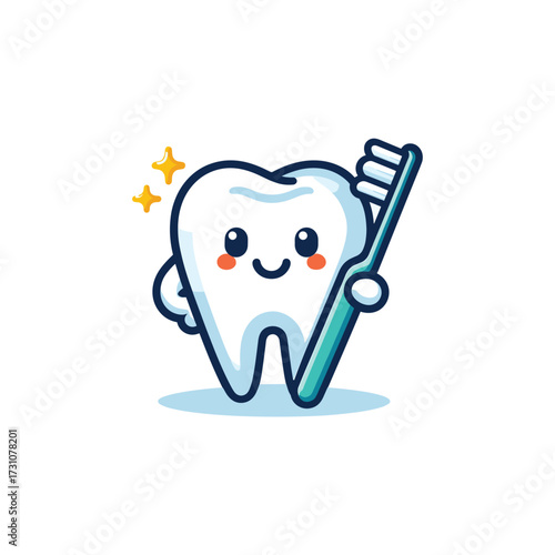 Cute cartoon tooth character holding a toothbrush happily
