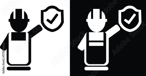 Construction worker holding a shield with a checkmark, safety concept.