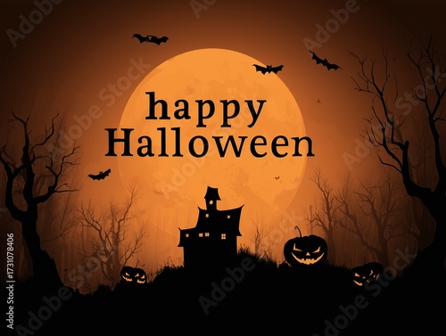 Halloween background illustrations with haunted houses bats pumpkins and full moon, with 'happy halloween' text