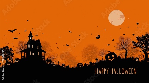 Halloween background illustrations with haunted houses bats pumpkins and full moon, with 'happy halloween' text