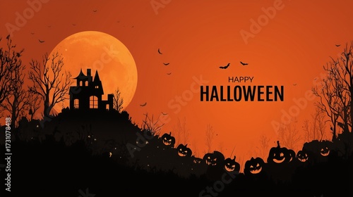 Halloween background illustrations with haunted houses bats pumpkins and full moon, with 'happy halloween' text