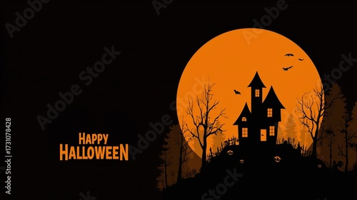 Halloween background illustrations with haunted houses bats pumpkins and full moon, with 'happy halloween' text