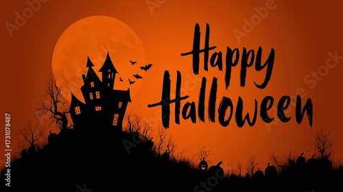 Halloween background illustrations with haunted houses bats pumpkins and full moon, with 'happy halloween' text
