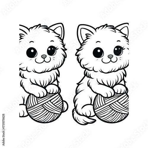 Cute fluffy kittens playing with yarn balls happily